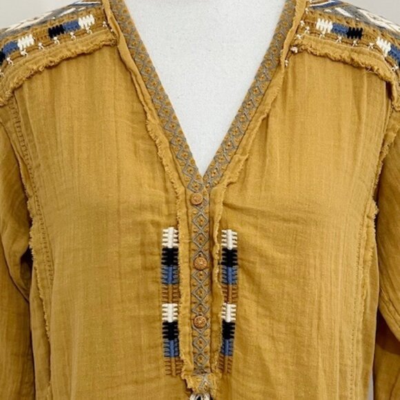 Johnny Was Mars V-Neck Long-Sleeve Embroidered Gold Gauze Top Boho Aztec XS NWT - Picture 3 of 9